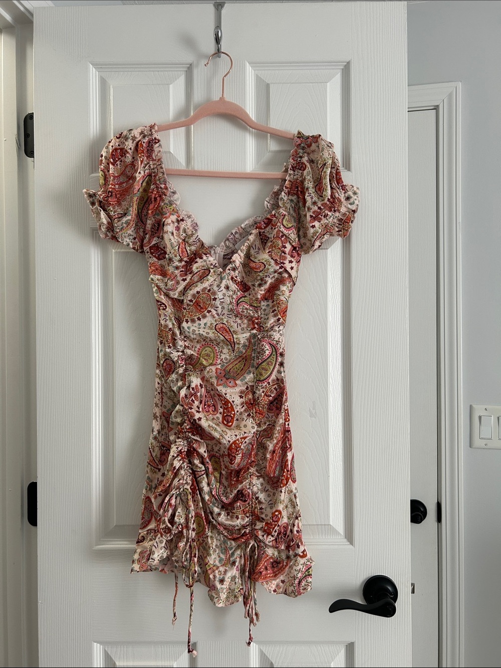 Paisley Ruched Mini Dress in Red & Cream